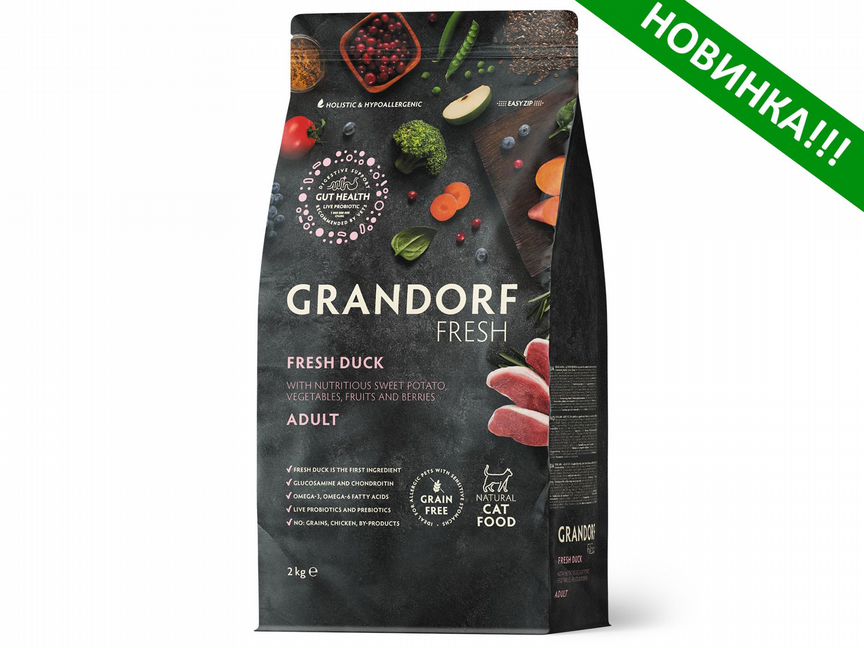 Корм Grandorf Fresh для кошек, утка с бататом, 2кг