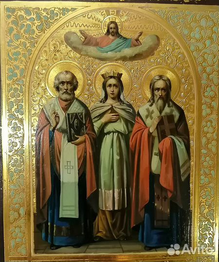Икона Святой Николай, Екатерина и Василий.Живопись