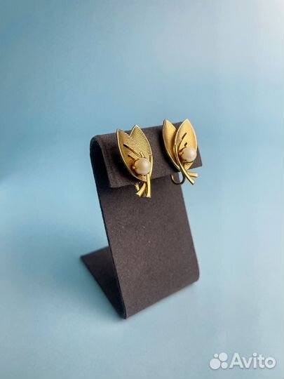 Клипсы винтажные листья с жемчужиной 70гг США К6