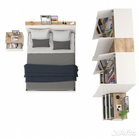 Мебель для спальни Моби Муссон № 15 кровать на 1600 белый/дуб эндгрейн элегантный, ортопед