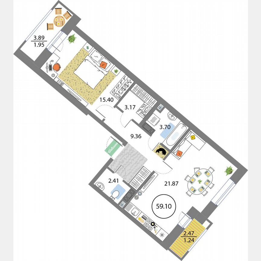 1-к. квартира, 59,1 м², 3/12 эт.