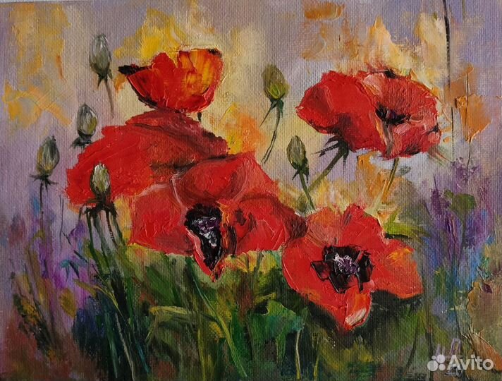 Цветы маки ирисы картины маслом 18 х 24. Подарок
