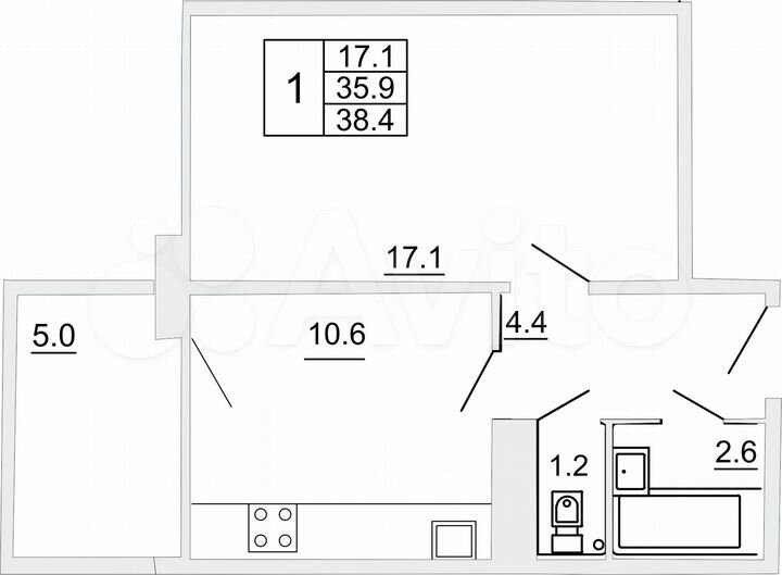 1-к. квартира, 38,4 м², 5/10 эт.
