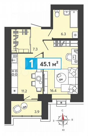 1-к. квартира, 45,1 м², 4/17 эт.
