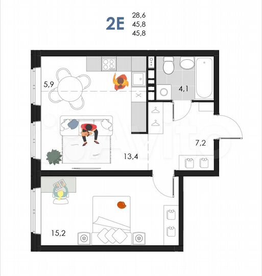 2-к. квартира, 45,8 м², 2/6 эт.