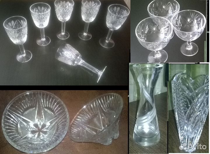Хрусталь. Фужеры. рюмки. (по 6 шт). Вазы.Салатники