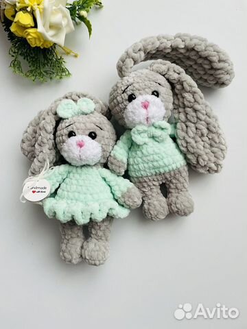 Вязаный плюшевый зайка, вязаная игрушка заяц