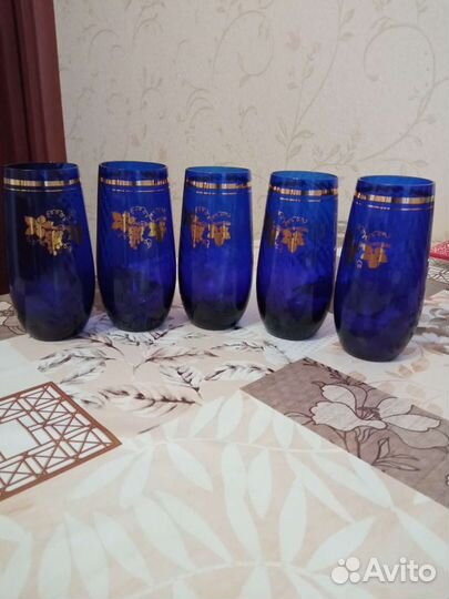 Стаканы 5 штук. Синее кобальтовое стекло