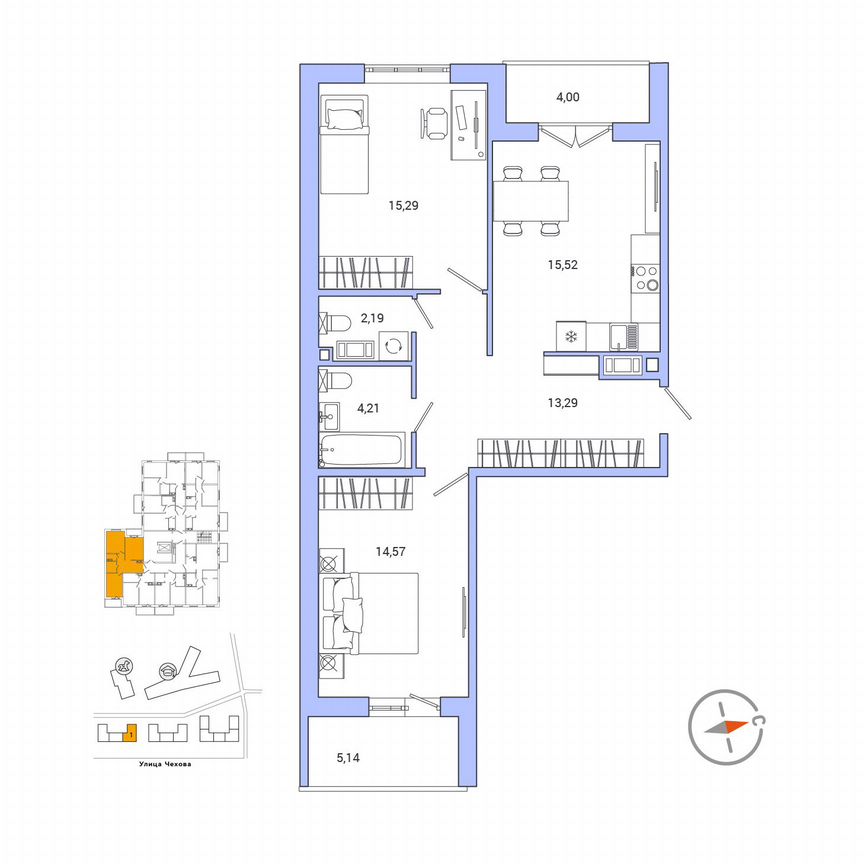 2-к. квартира, 69,6 м², 2/9 эт.