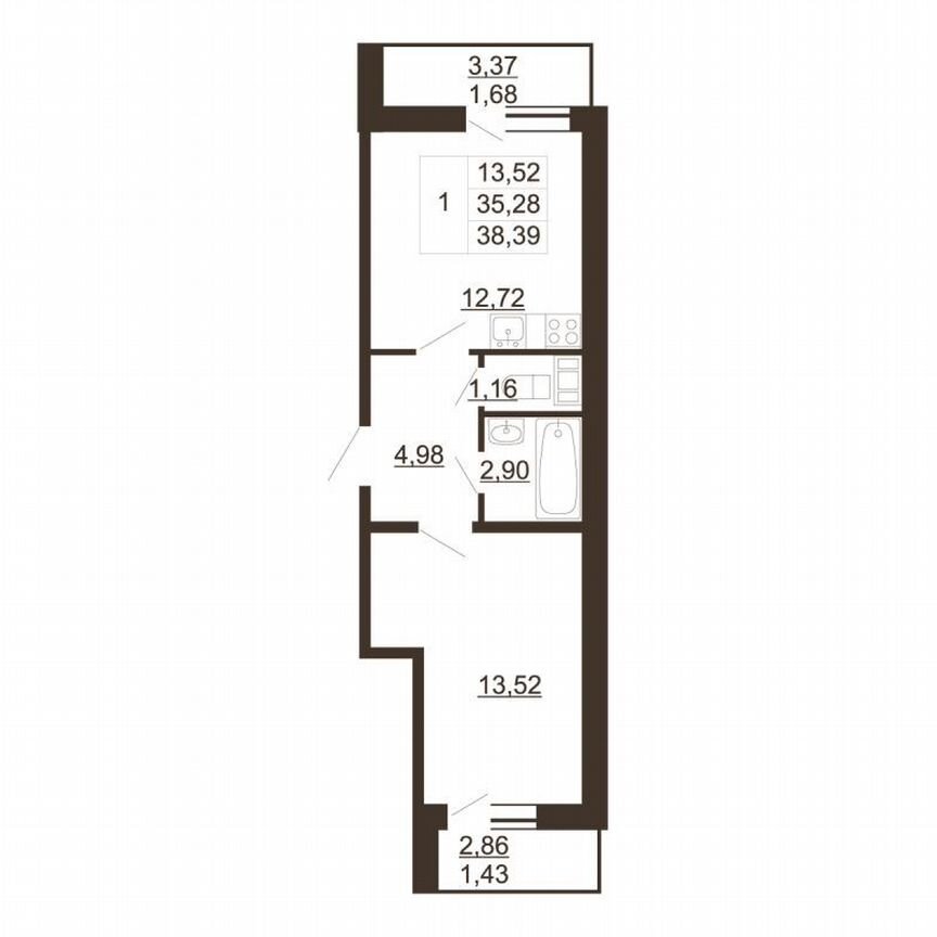 1-к. квартира, 38,4 м², 6/6 эт.