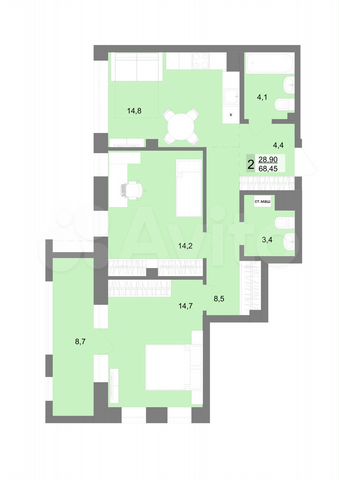 2-к. квартира, 66,1 м², 10/31 эт.