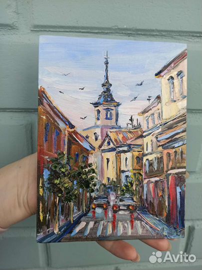 Городской пейзаж маслом миниатюра город