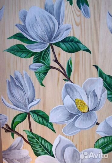 Деревянное панно с цветами Магнолии интерьерная