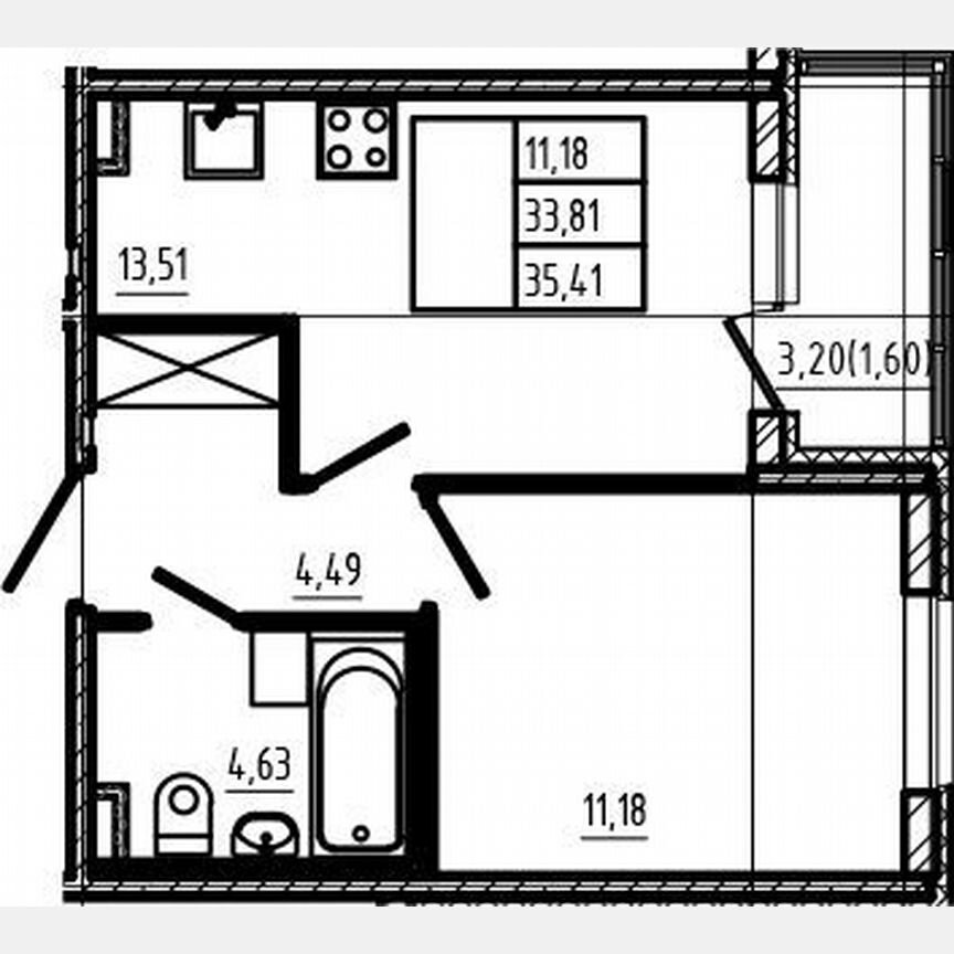 1-к. квартира, 33,8 м², 1/4 эт.