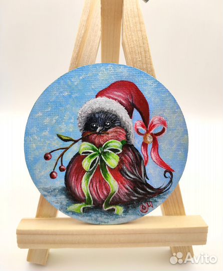 Магнит картина миниатюра акрилом на холсте Снегирь