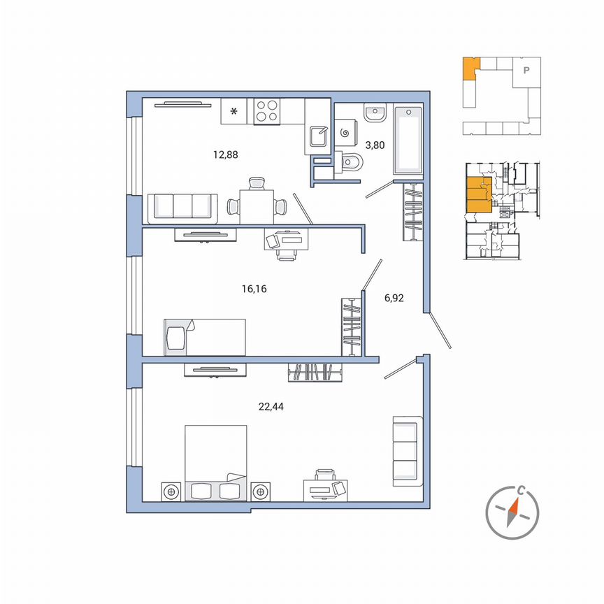 2-к. квартира, 62 м², 1/7 эт.
