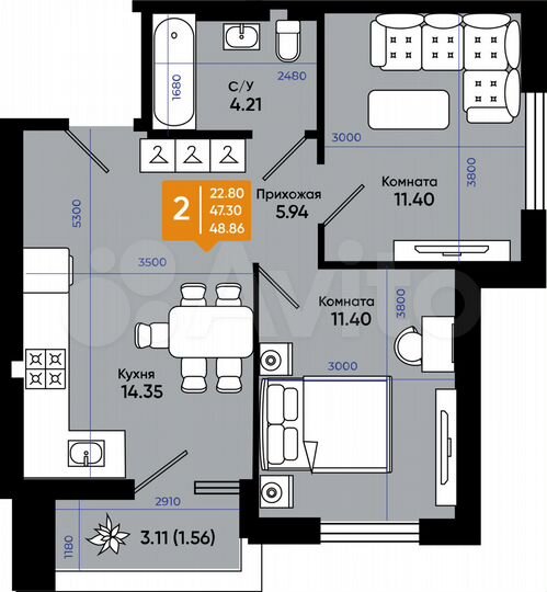 2-к. квартира, 48,9 м², 8/9 эт.