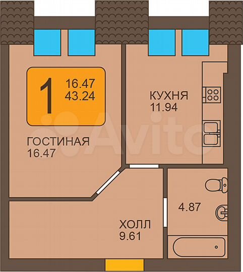 1-к. квартира, 43,2 м², 4/5 эт.