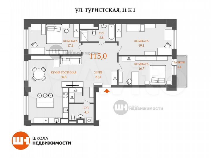 3-к. квартира, 115 м², 11/12 эт.