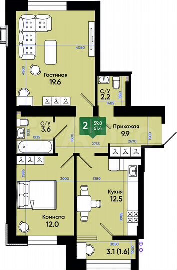 2-к. квартира, 61,4 м², 2/3 эт.