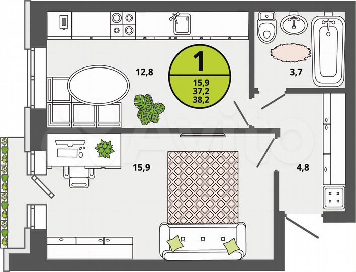 1-к. квартира, 37,2 м², 2/3 эт.