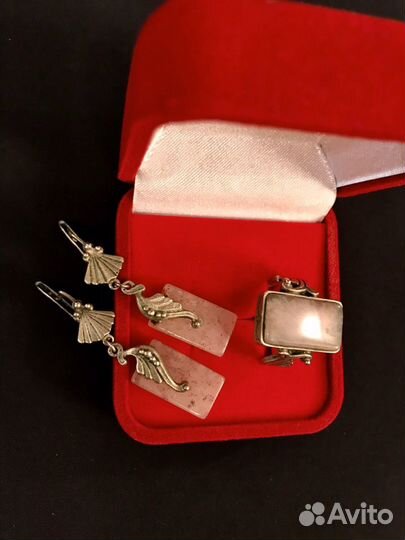 Серьги.Кольцо.Природный камень.Мельхиор.Винтаж