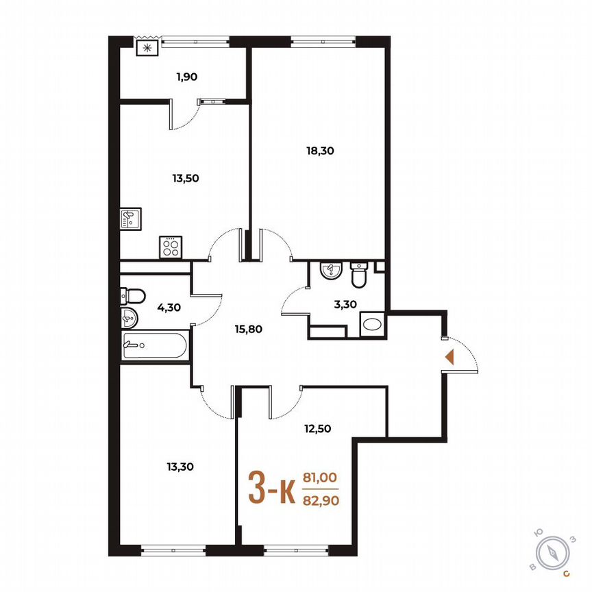 3-к. квартира, 82,9 м², 6/8 эт.
