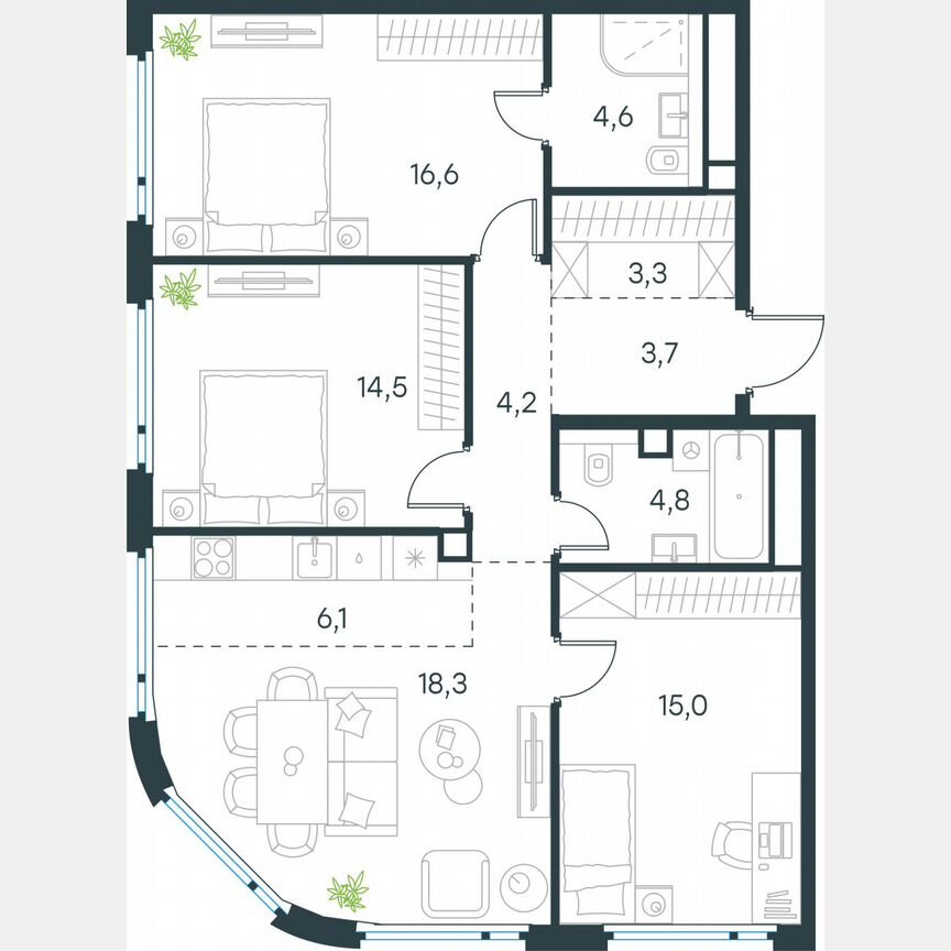 4-к. квартира, 91,1 м², 28/29 эт.