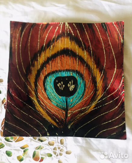 Тарелка квадратная «Перо павлина», стекло