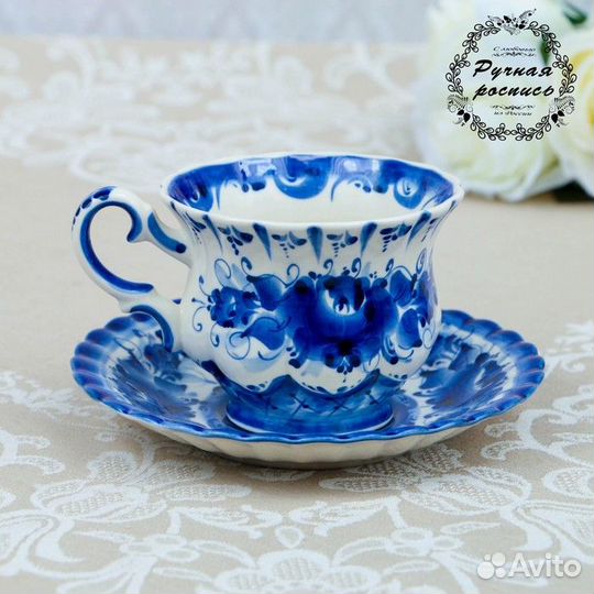 Чайная пара 'Шатер', гжель, фарфор, 9х15 см