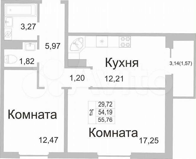 2-к. квартира, 55,8 м², 4/9 эт.