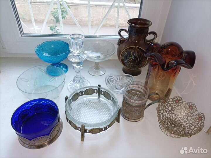 Ваза цветное стекло СССР, мельхиор