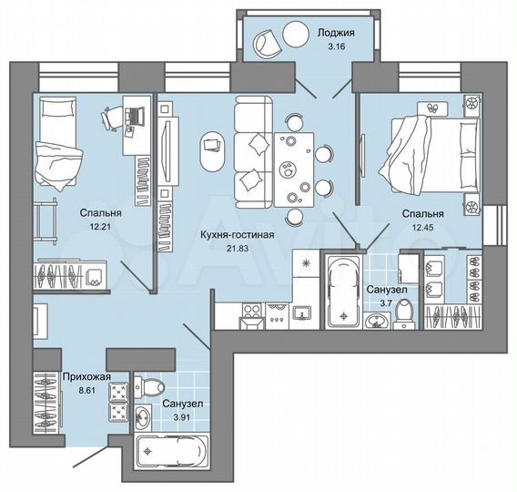2-к. квартира, 64 м², 1/8 эт.