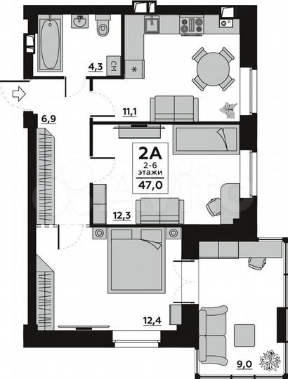 2-к. квартира, 47 м², 6/6 эт.