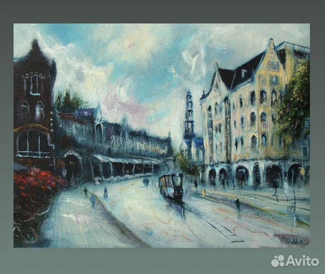 Картина маслом пейзаж Европа трамвай улочка дождь