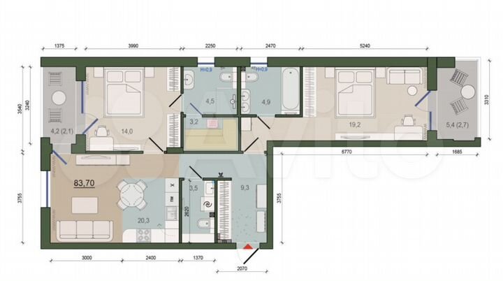 2-к. квартира, 84,1 м², 2/10 эт.