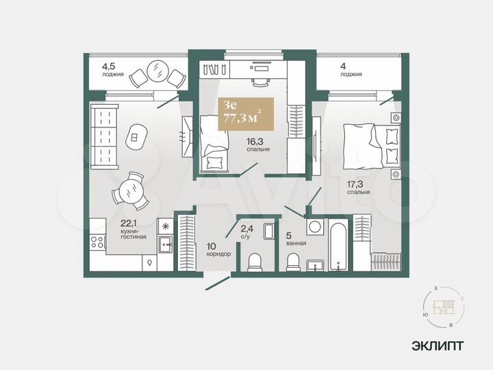 2-к. квартира, 77,4 м², 1/4 эт.