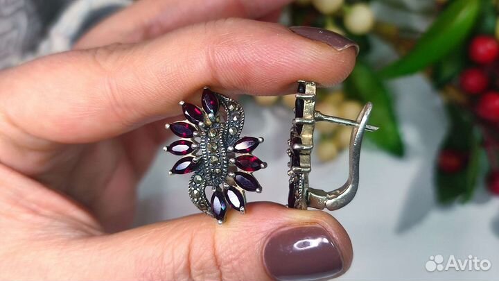 Серьги пиропы+ альмандины (гранат), 12 гр, 925