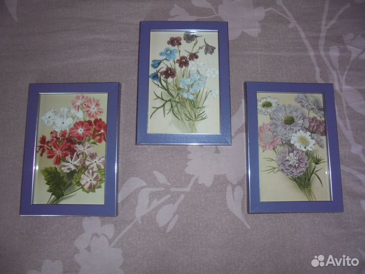 3 панно Садовые цветы в сиреневой рамке 12 х 17
