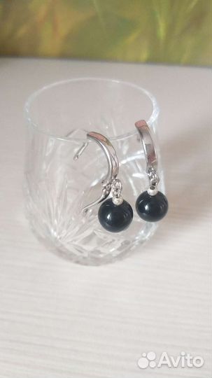 Серьги с натуральным черным агатом