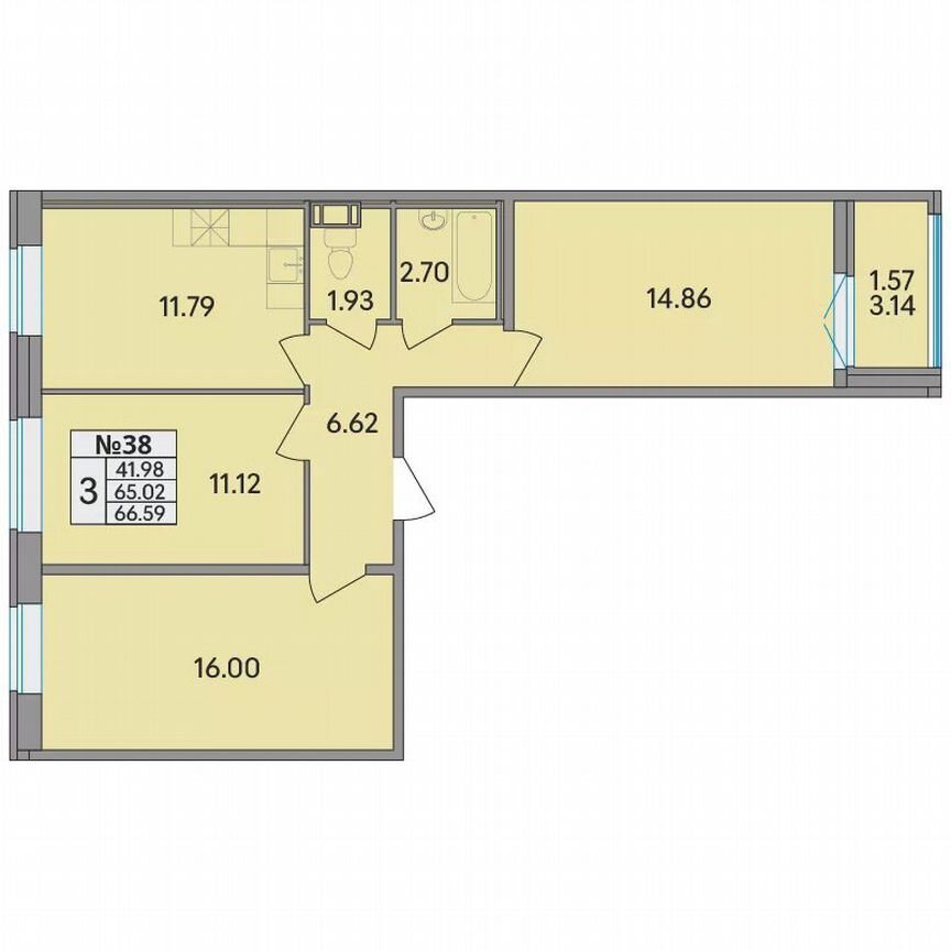 3-к. квартира, 66,6 м², 3/8 эт.