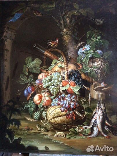 Картина маслом, Большой натюрморт с фруктами и рыб