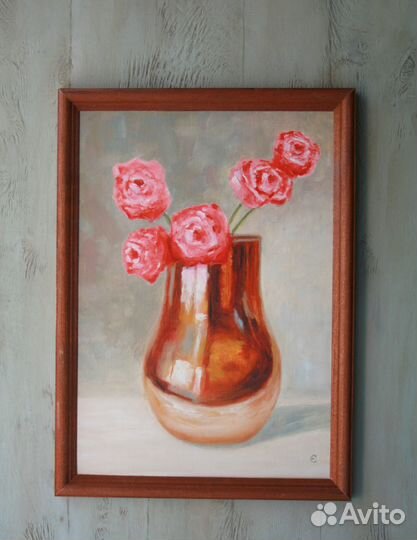 Картина маслом цветы букет роз 30 на 21 см