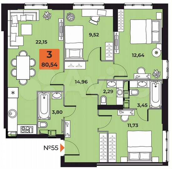 3-к. квартира, 80,5 м², 11/23 эт.