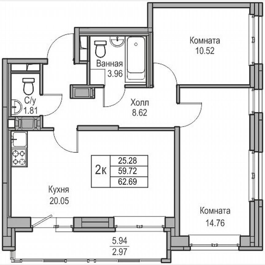 2-к. квартира, 62,7 м², 21/23 эт.