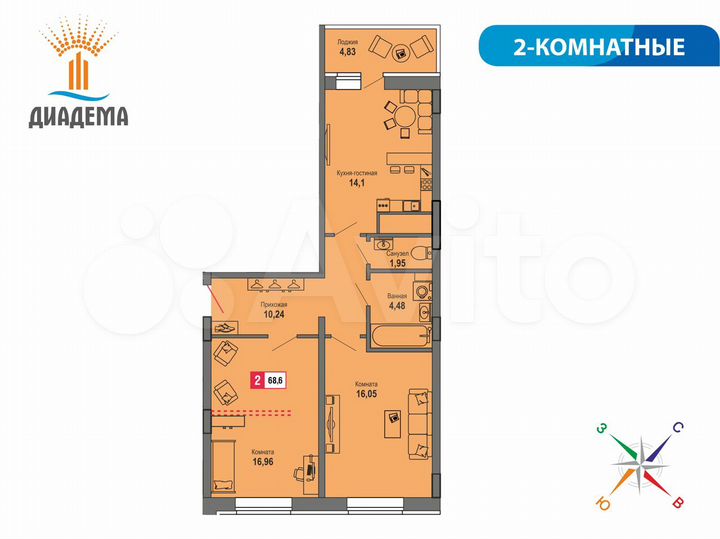 2-к. квартира, 68,6 м², 12/22 эт.