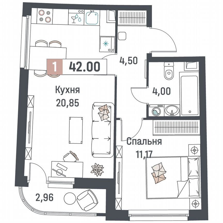 1-к. квартира, 42 м², 2/18 эт.