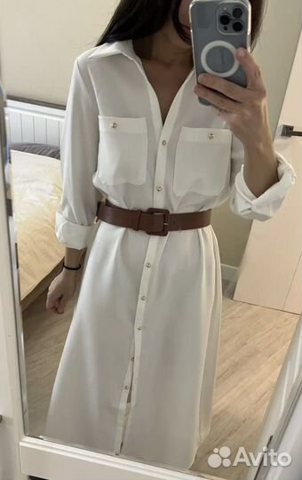 Платье-рубашка новое S размер белое с ремнем