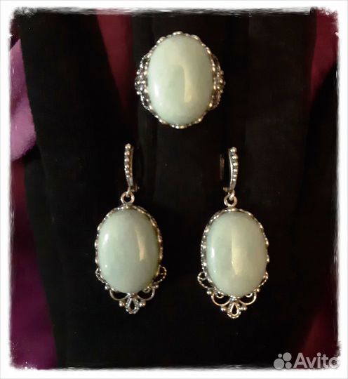 Серьги + кольцо с нефритом