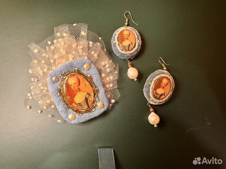 Брошь и серьги ручной работы, исторический портрет